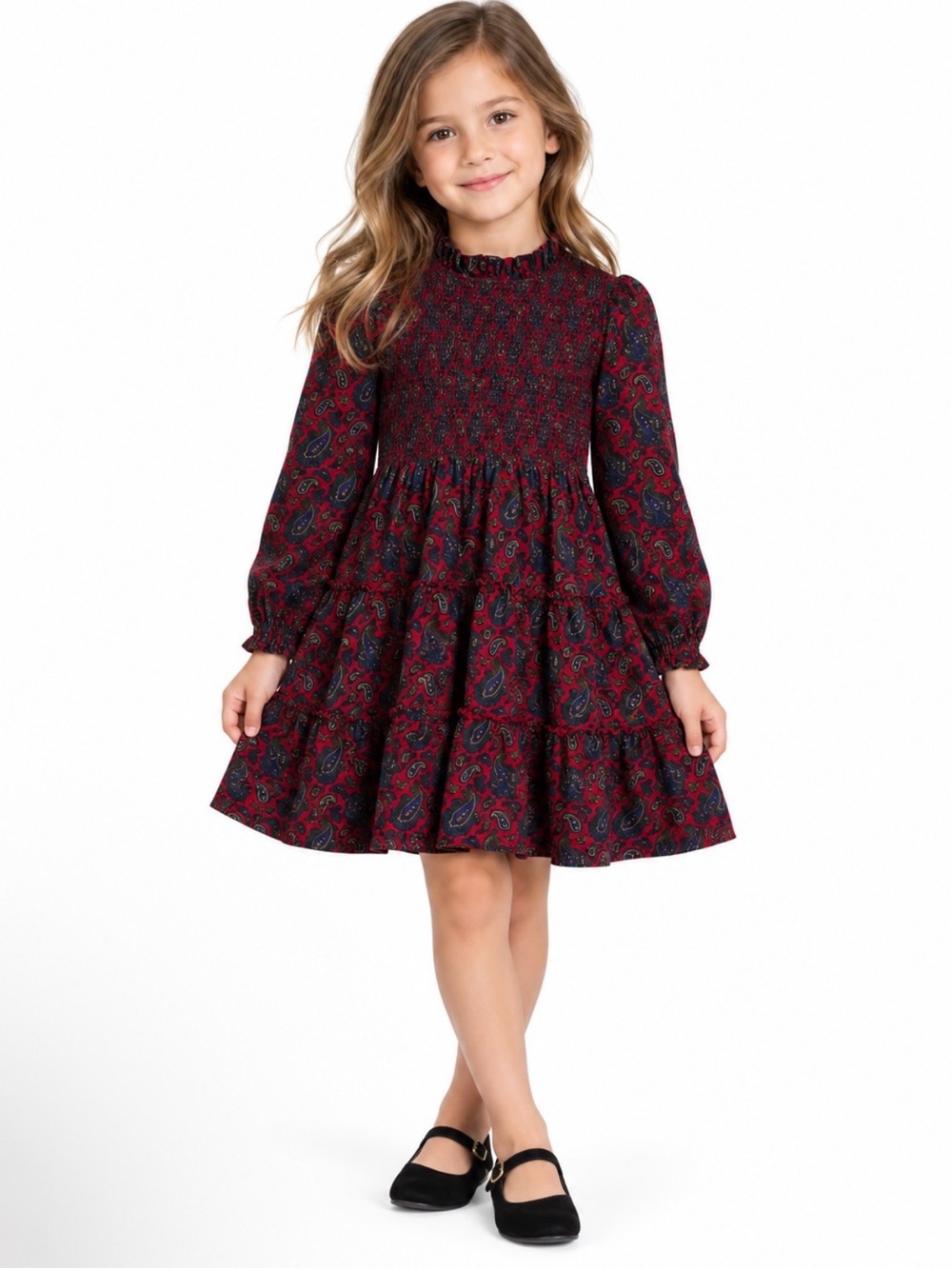 Polo Ralph Lauren Girls Red Blue Paisley Smocked Tiered Long Sleeve Dress 6X